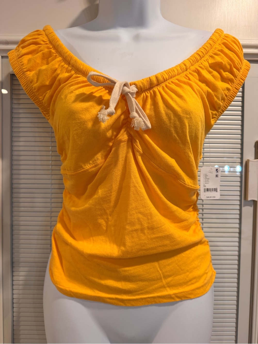 Free People Yellow Off-Shoulder Ruched Tank with Drawstring